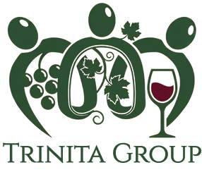Logo of Trinita Group with green leaves, a wine glass, and grapes.